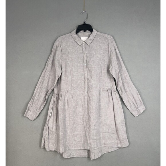 H Halston Dress Women Large Gray Tunic Pockets Coastal Resort Minimal 100% Linen - Picture 1 of 14